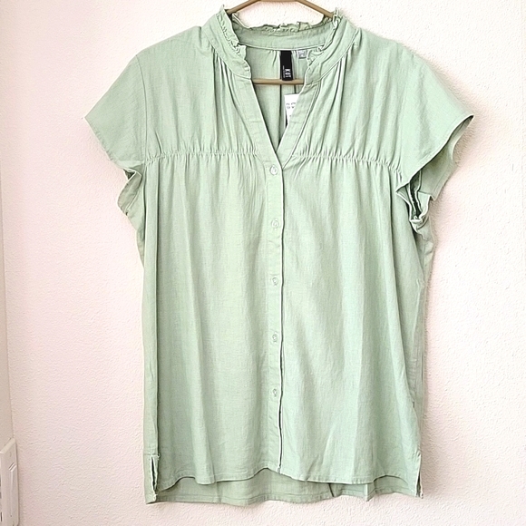 KUT From The Kloth Linen Blend Scarlett Ruffle Collar Top,Sage Green, M, NWT - Picture 4 of 9